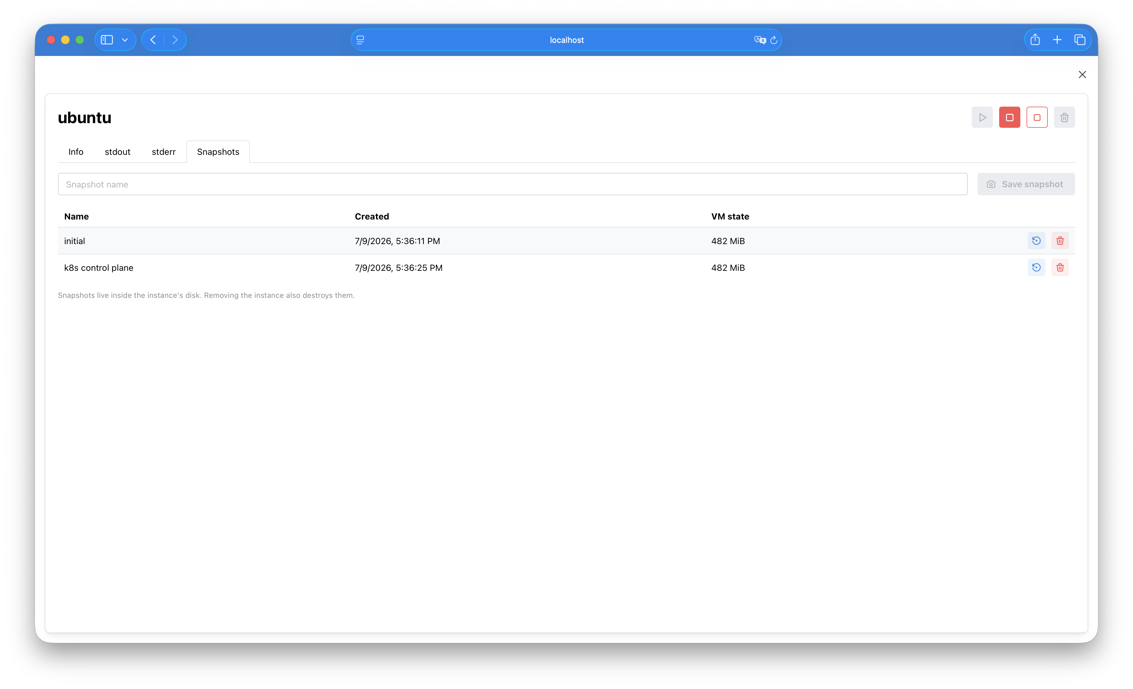 The Snapshots tab: save, restore and delete snapshots of a running instance